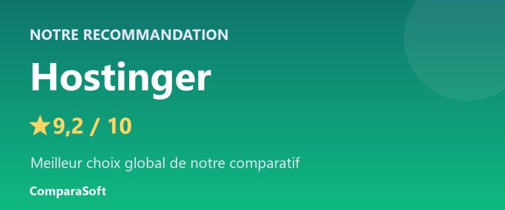 Notre recommandation : Hostinger (9,2/10) – Meilleur hébergement web pas cher en 2026